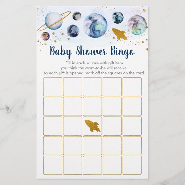 Galaxy Blue Gold Space Baby shower Bingo Jeu (Devant)