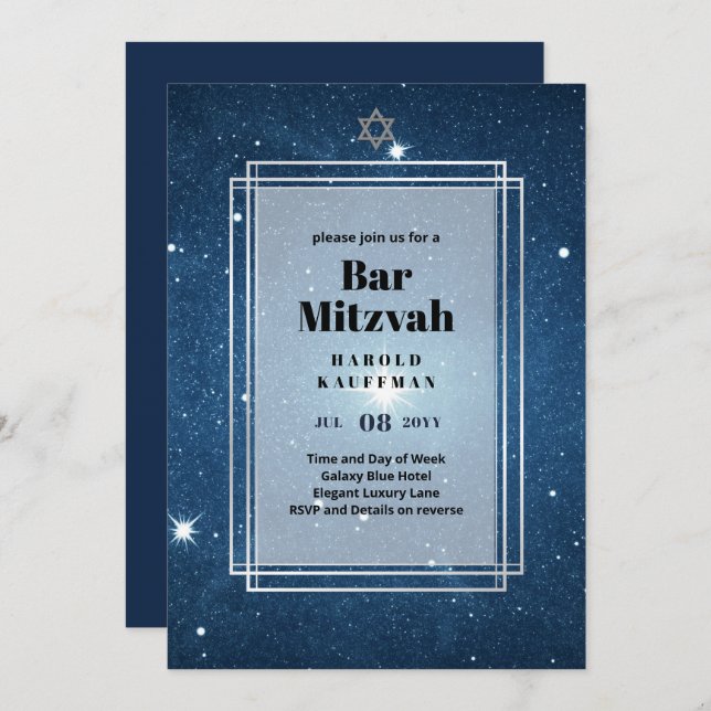 GALAXY Boys BAR MITVAH Space Blue Invitation (Devant / Derrière)