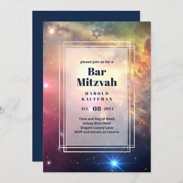 GALAXY Boys BAR MITVAH Space Blue Invitation (Devant / Derrière)