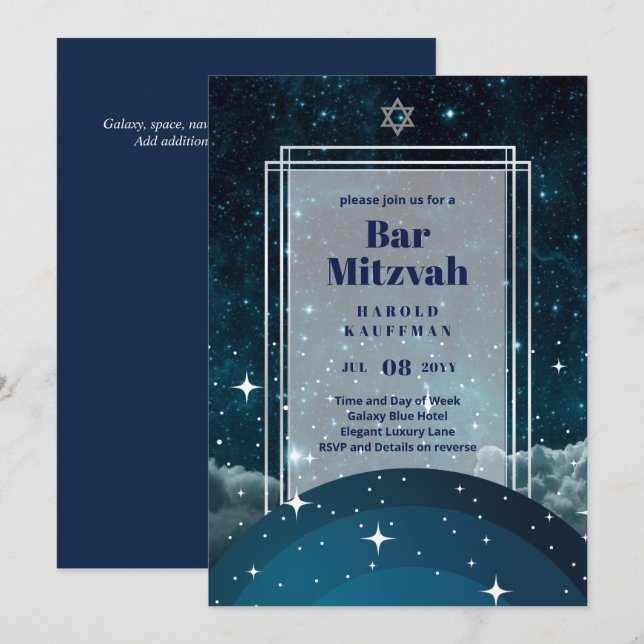 GALAXY Boys BAR MITVAH Space Blue Invitation (Devant / Derrière)