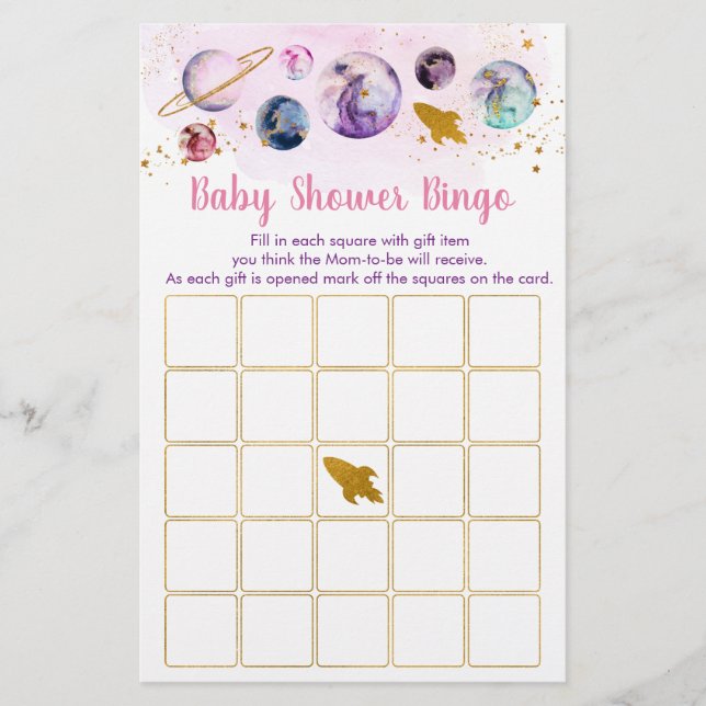 Galaxy Pink Gold Space Baby shower Bingo Jeu (Devant)
