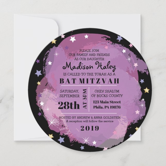 GALAXY Purple Gold Stars Invitation Bat mitzvah (Devant)