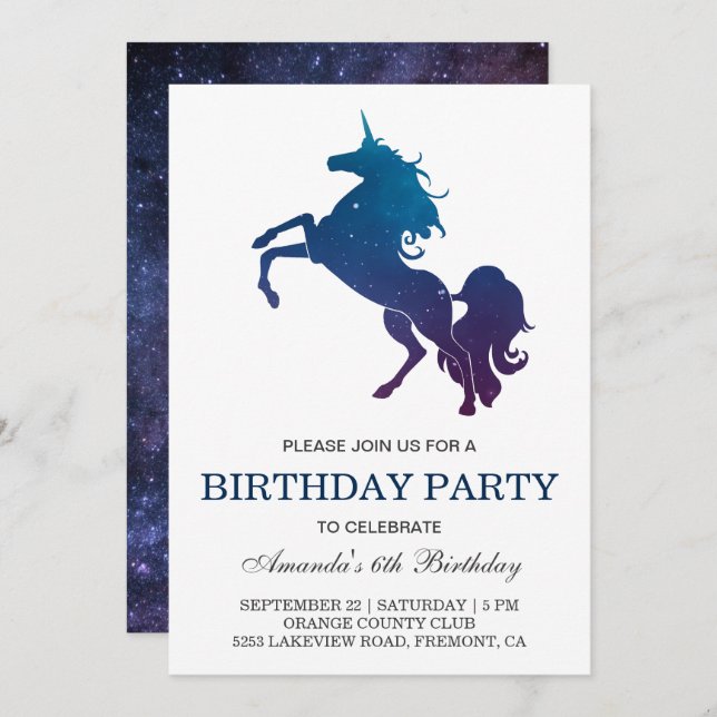 Galaxy Space Unicorn Invitation de fête d'annivers (Devant / Derrière)