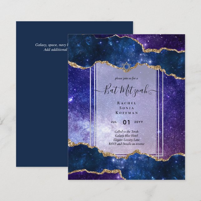 Galaxy Starry BAT MITZVAH de nuit Agate Invitation (Devant / Derrière)