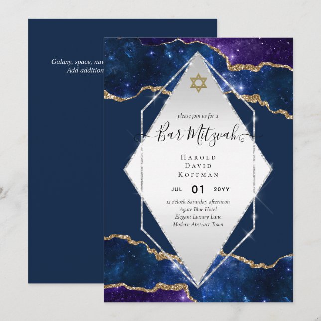 Galaxy Starry Night BAR MITZVAH Invitations Bleu (Devant / Derrière)