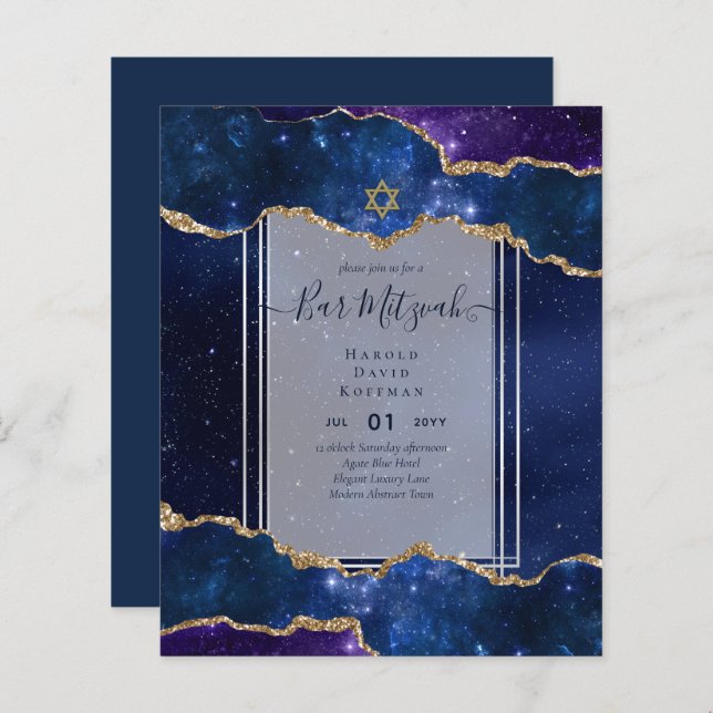 Galaxy Starry Night BAR MITZVAH Invitations Bleu (Devant / Derrière)