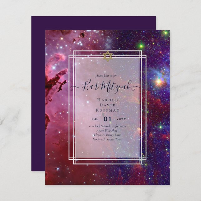 Galaxy Starry Night BAR MITZVAH Invitations Bleu (Devant / Derrière)