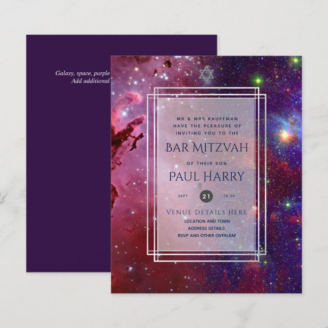 Galaxy Starry Night BAR MITZVAH Invitations Marine (Devant / Derrière)