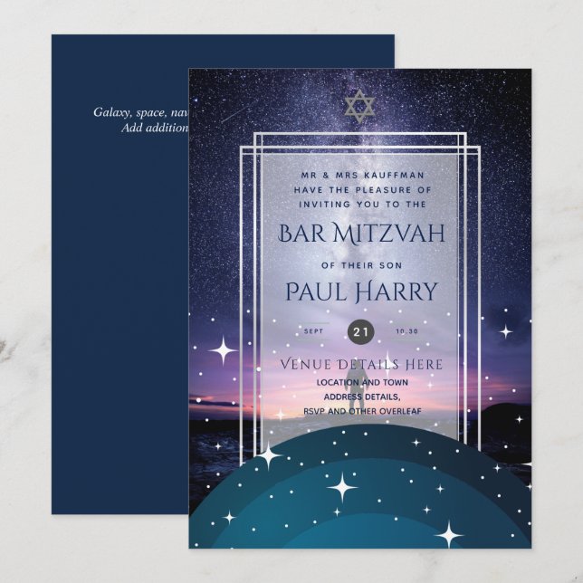 Galaxy Starry Night BAR MITZVAH Invitations Marine (Devant / Derrière)