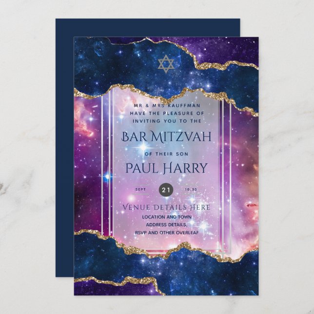 Galaxy Starry Night BAR MITZVAH Invitations Marine (Devant / Derrière)