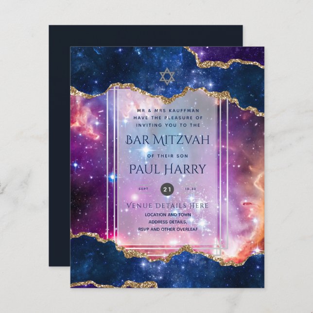 Galaxy Starry Night BAR MITZVAH Invitations Marine (Devant / Derrière)