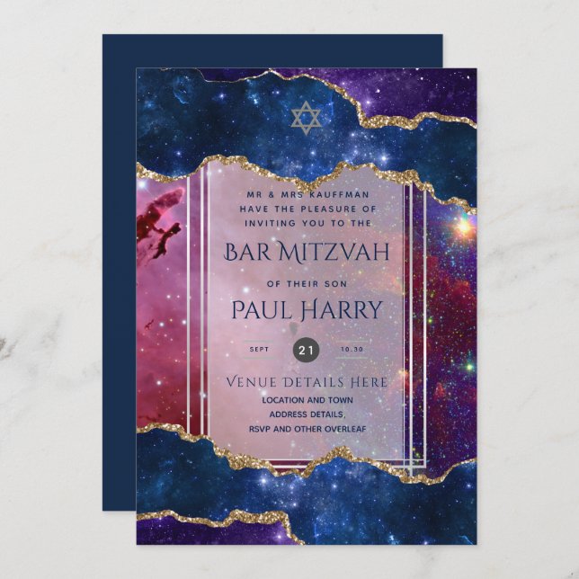 Galaxy Starry Night BAR MITZVAH Invitations Marine (Devant / Derrière)