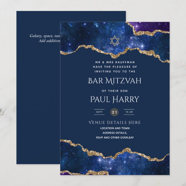 Galaxy Starry Night BAR MITZVAH Invitations Marine (Devant / Derrière)