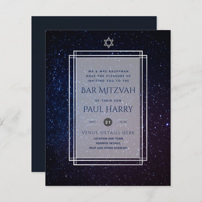 Galaxy Starry Night BAR MITZVAH Invitations Marine (Devant / Derrière)