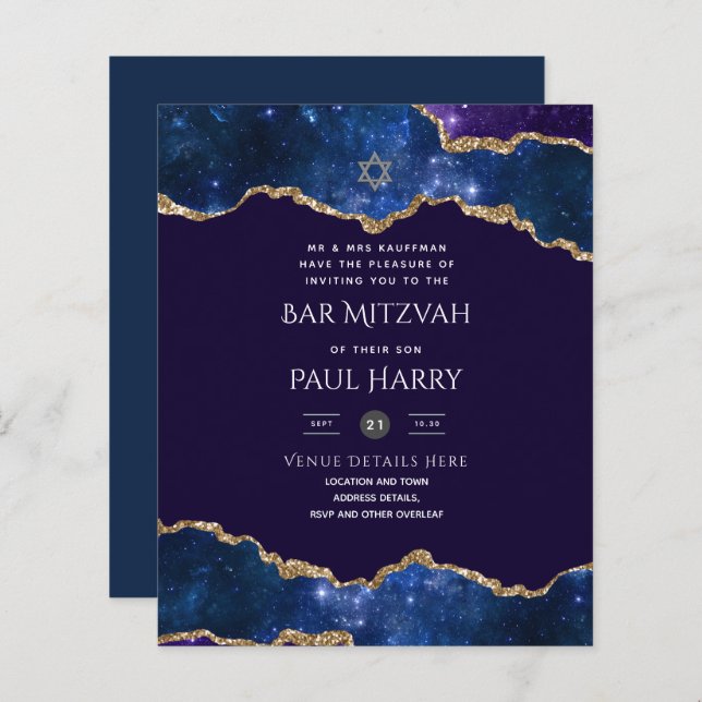 Galaxy Starry Night BAR MITZVAH Invitations Marine (Devant / Derrière)