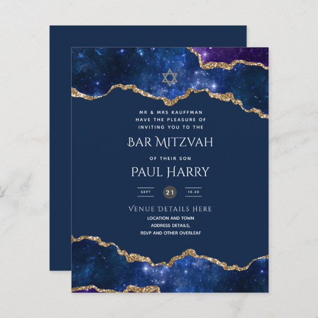 Galaxy Starry Night BAR MITZVAH Invitations Marine (Devant / Derrière)