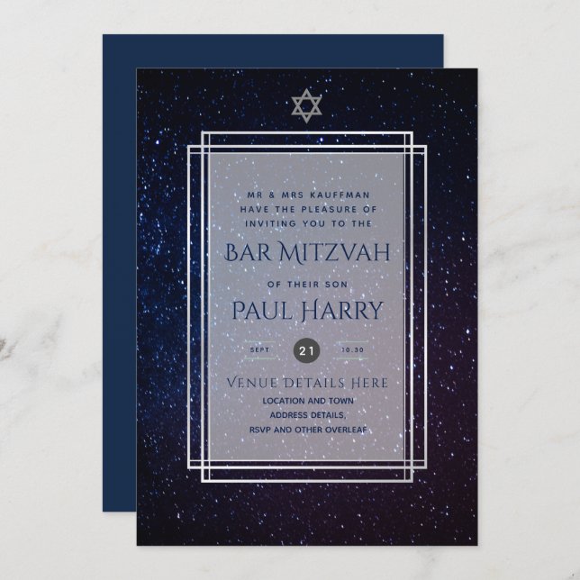 Galaxy Starry Night BAR MITZVAH Invitations Marine (Devant / Derrière)
