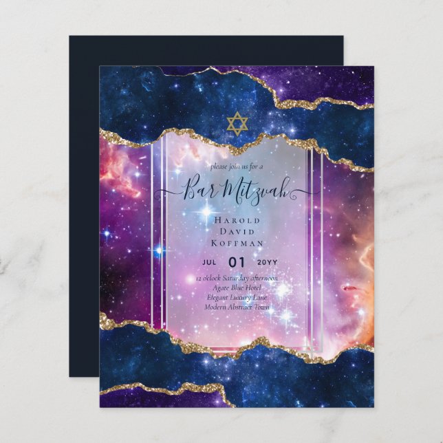 Galaxy Starry Night Invitations BAR MITZVAH Bleu (Devant / Derrière)