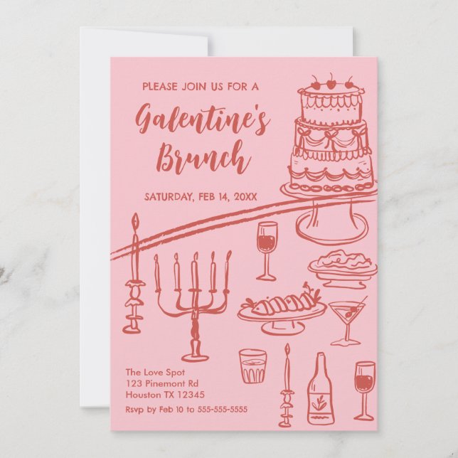Galentine Brunch red & pink Party Invitation (Devant)
