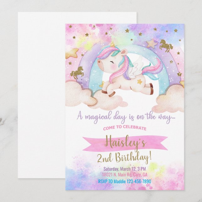 Galloping fille licorne invitation magique d'anniv (Devant / Derrière)