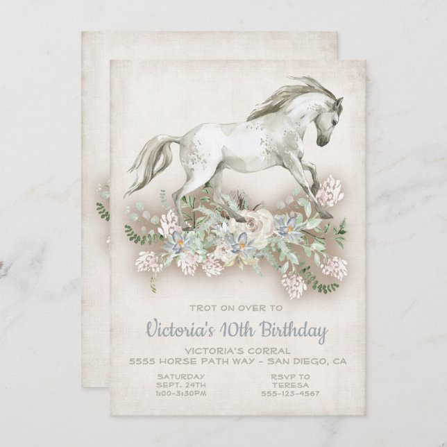 Galloping White Horse Anniversaire Fête Invitation (Devant / Derrière)