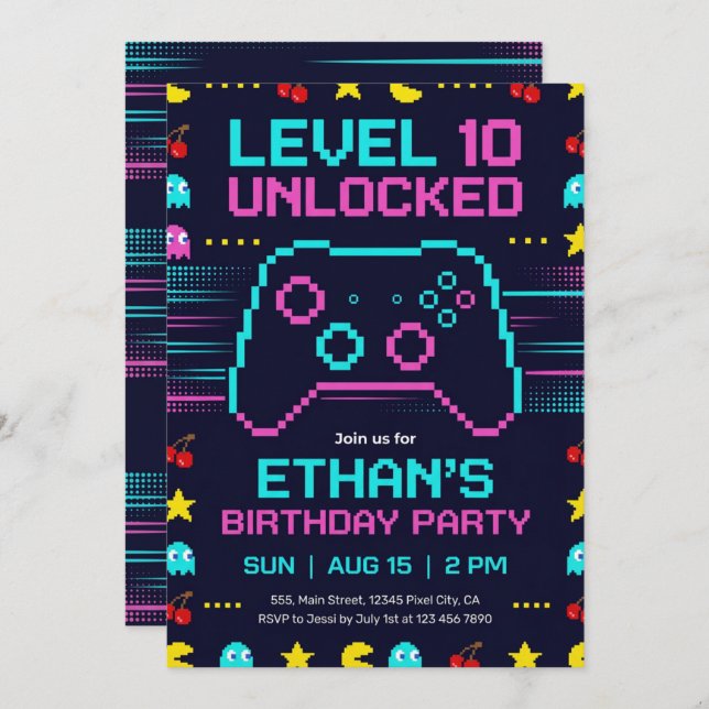 Gamer Birthday Invitation  Pixel Video Game Party (Devant / Derrière)