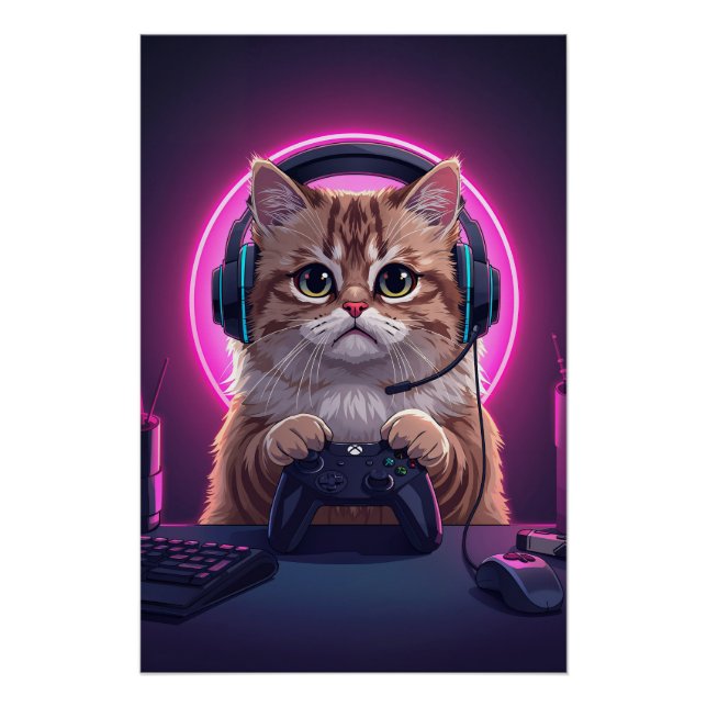 Gamer Cat Kids Poster – Funny Cartoon Kitten (Devant)
