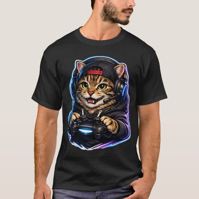 Gamer Cat T-Shirt – Neon Gaming Cat Controller Des (Devant)