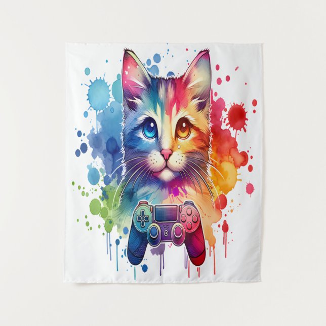 Gamer Chat Delight : Tapisserie couleur aquarelle (Devant)