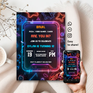 Gamer Neon Anniversaire Fête Invitation numérique