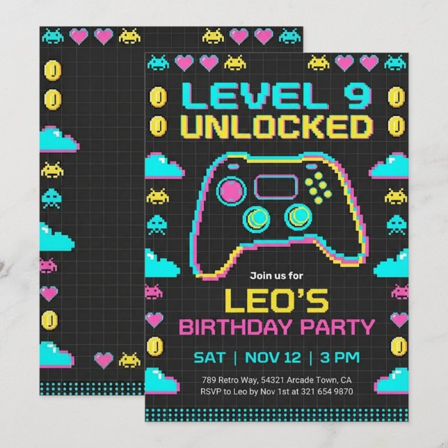 Gaming Birthday Invitation Retro Pixel Gamer (Devant / Derrière)
