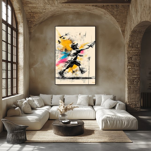 Garçon avec avion en papier – Affiche de graffiti  (Créateur téléchargé)