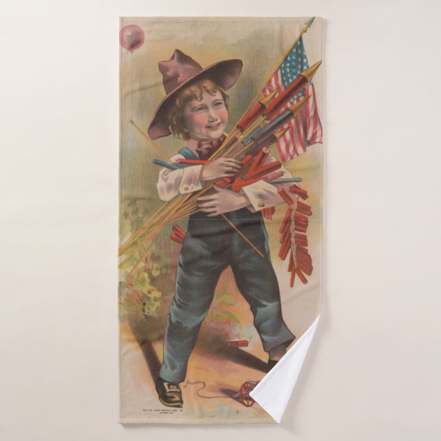 Garçon avec Feux d'Artifice, Drapeau Américain, Im (Serviette de bain)
