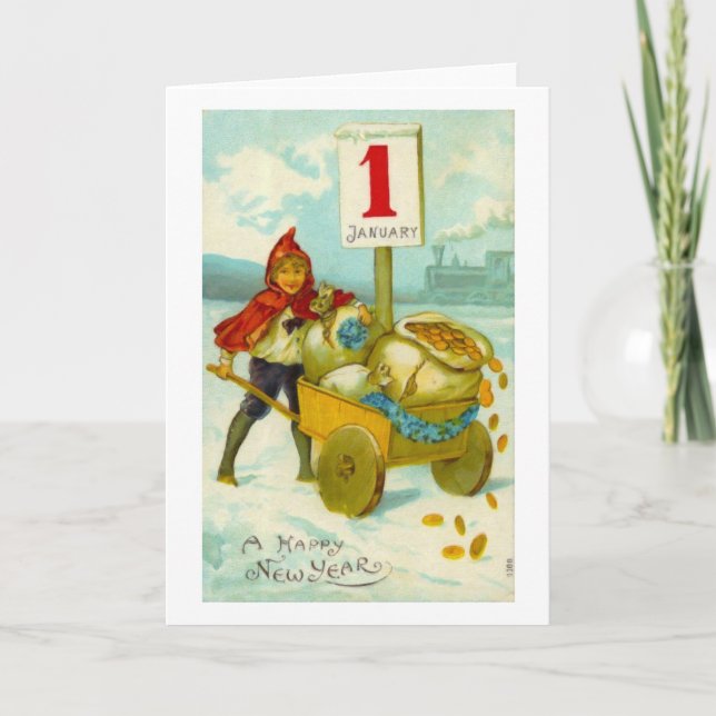 Garçon avec un chariot - carte de bonne année (Devant)