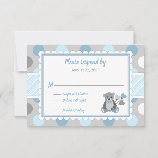Garçon baby shower RSVP carte bleu gris ours en pe (Devant)