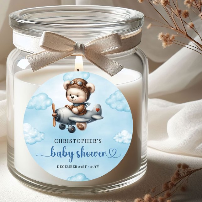 Garçon Charmant Autocollant pour Baby Shower Ours  (Charming Boy Baby Shower Sticker Teddy Bear Pilot Blue Brown

)