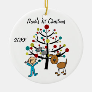 Garçon, chat et chien 1er Noël Ornement Customisé
