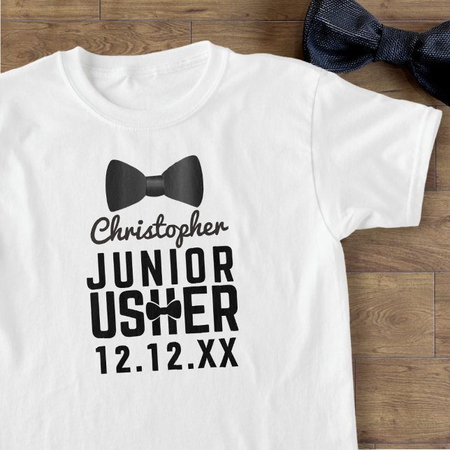 Garçon d'honneur junior cravate noire T-Shirt blan (Just add your Junior Usher's name and your wedding date)
