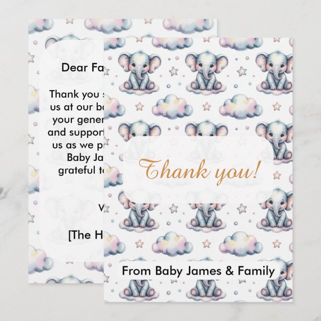Garçon éléphant bleu aquarelle Baby Shower Merci (Devant / Derrière)