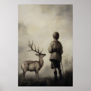 Garçon et cerf Impression d'art vintage Paysage lu