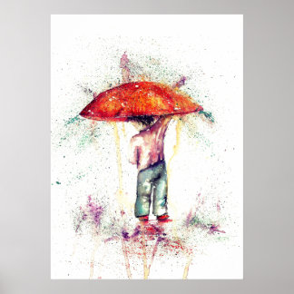 Garçon et parapluie pluie aquarelle déco