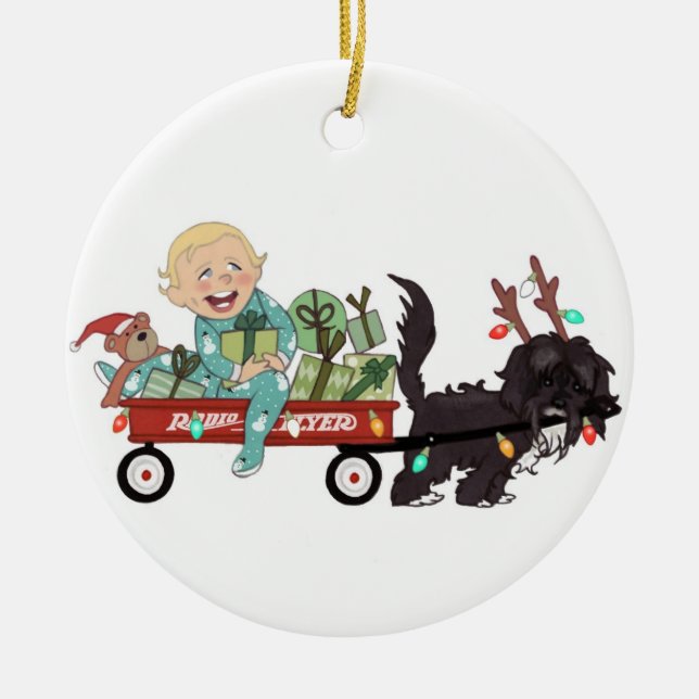Garçon et son ornement de Noël de chien - (Devant)