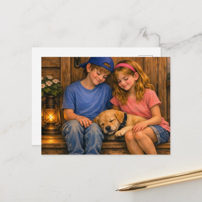 Garçon, Fille & Chiots — Carte postale de clinique (Devant/Arrière en situation)