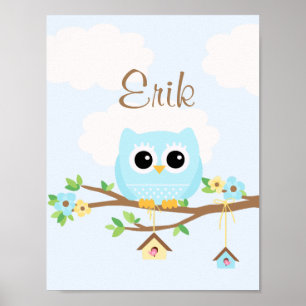 Garçon hibou bébé bleu affiche personnalisée