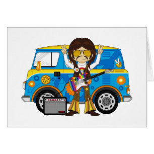 Garçon hippie avec la guitare et camping-car