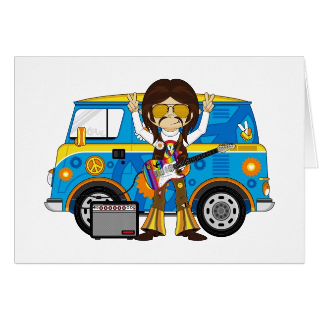 Garçon hippie avec la guitare et camping-car (Devant horizontal)