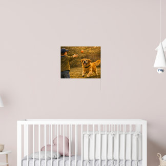 Garçon Jouant à la Récupération avec Chien Affiche