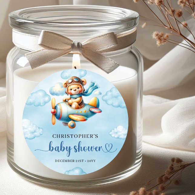 Garçon Joyeux Shower Pilote Ours Bleu Autocollant  (Joyful Boy Shower Pilot Bear Blue Party Sticker)