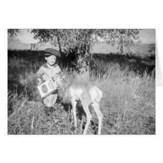 Garçon nourrissant l'antilope à la main