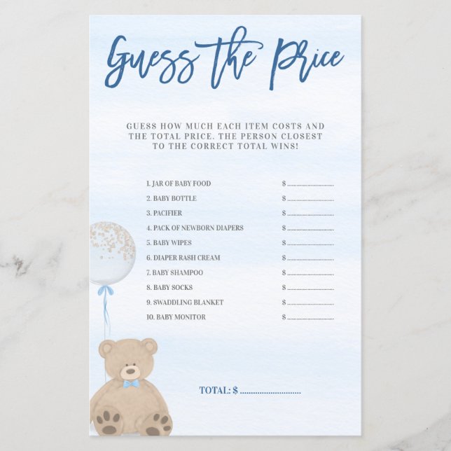 Garçon Teddy Bear Blue Balloon Devinez le prix jeu (Devant)